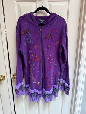 Kathmandu Imports Full Zip Boho Artsy Floral Embroidered Ruffle Hoodie